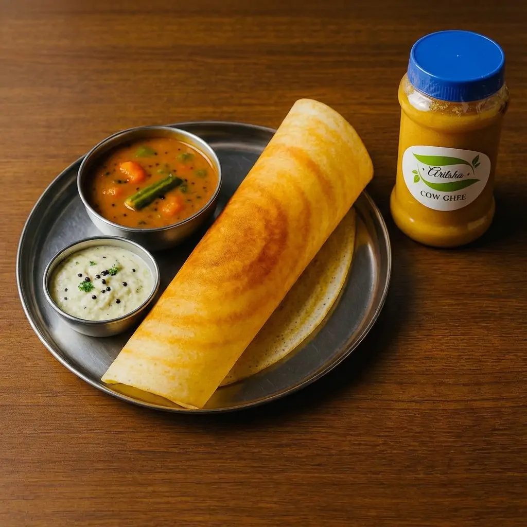 Pure cow ghee in a bottle, golden in color, used for traditional Indian cooking.