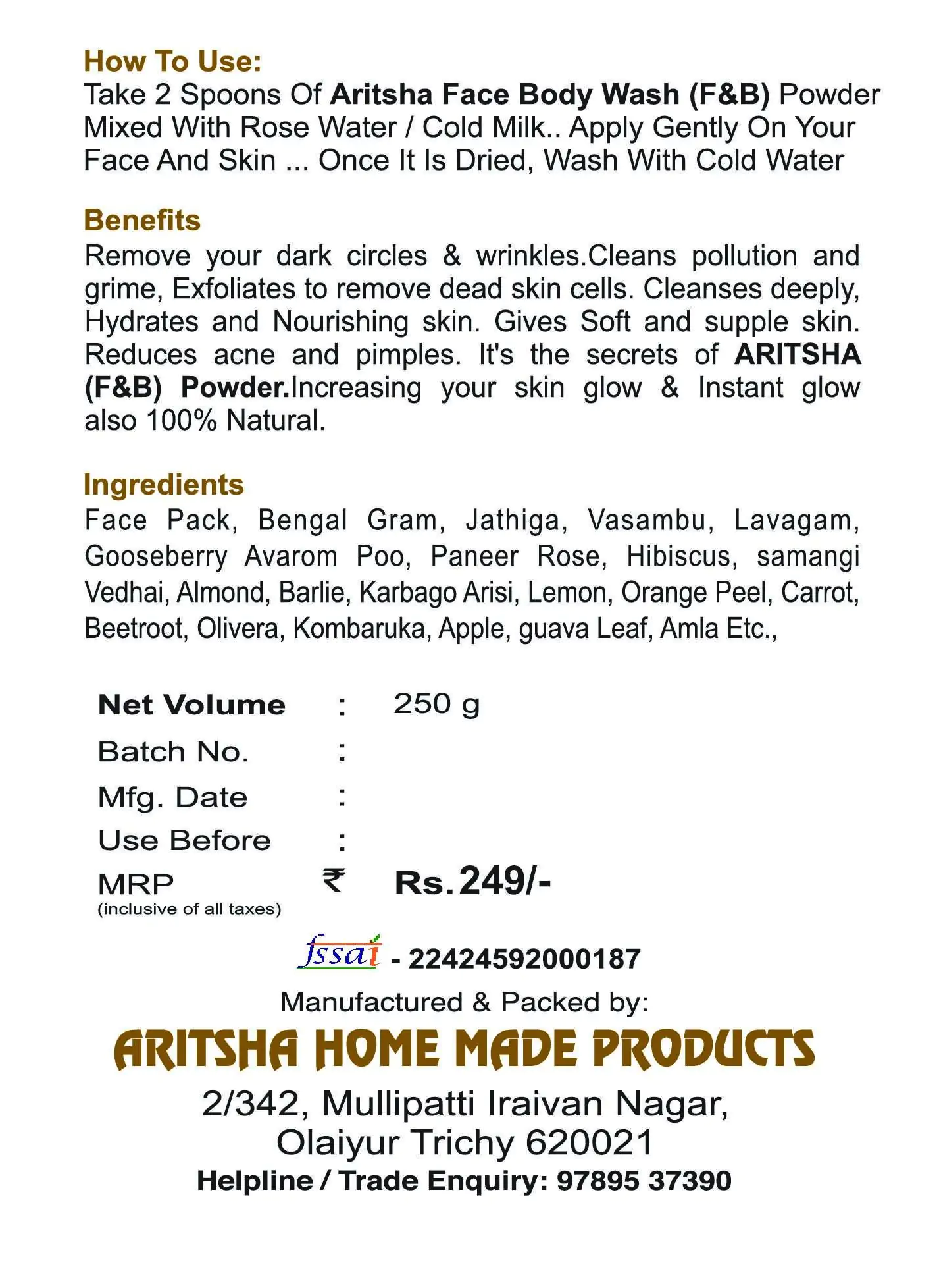 Aritsha Face & Body Wash (F&B) Herbal Powder - Image 3