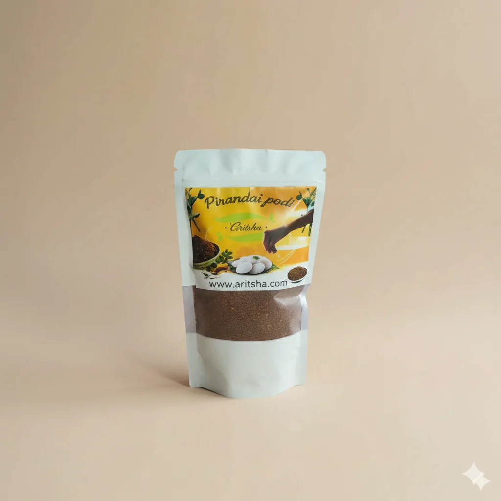 Aritsha Pirandai Podi herbal digestive and wellness powder displayed with clear product label