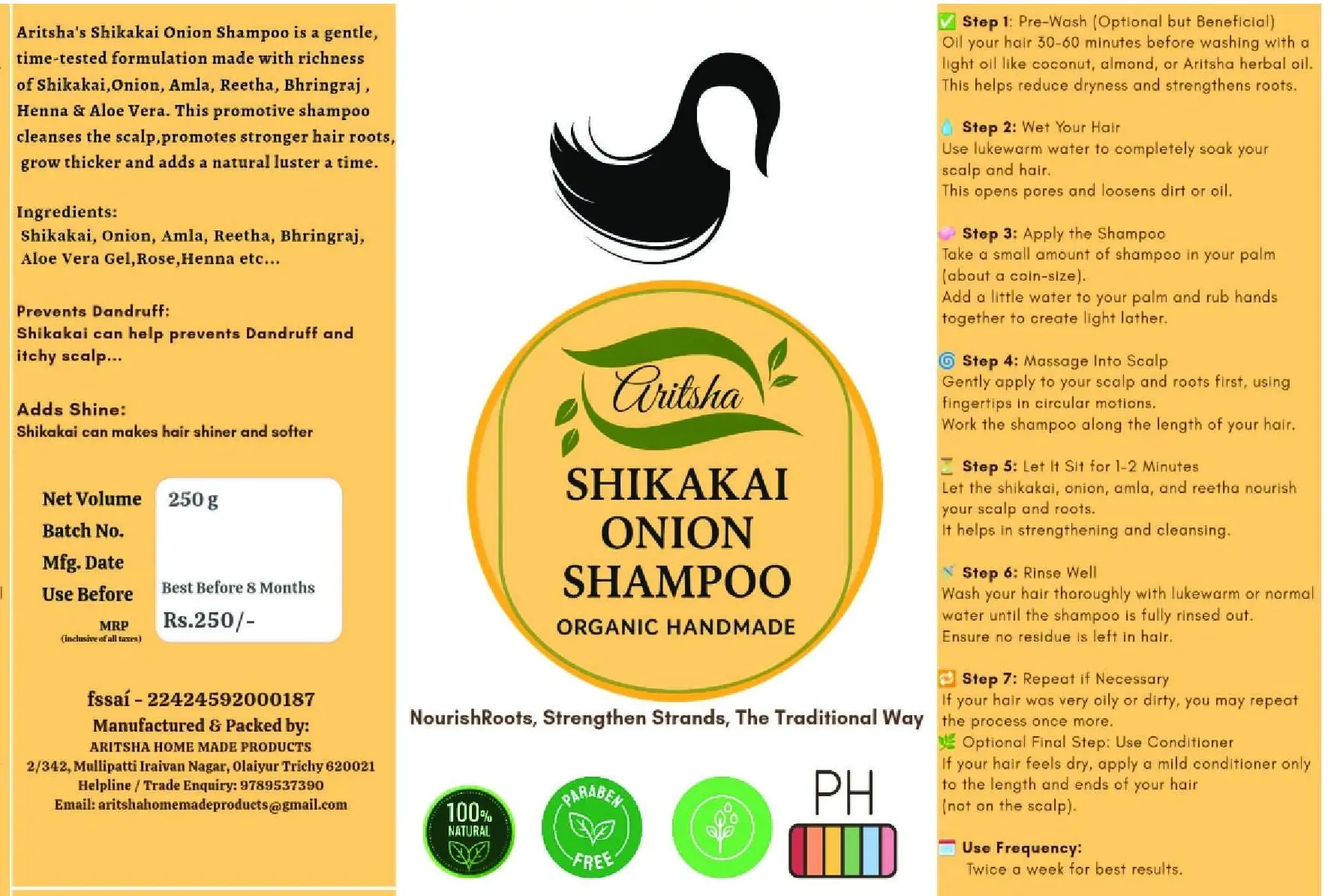 Aritsha Shikakai Onion Shampoo bottle – natural hair fall control and strengthening formula