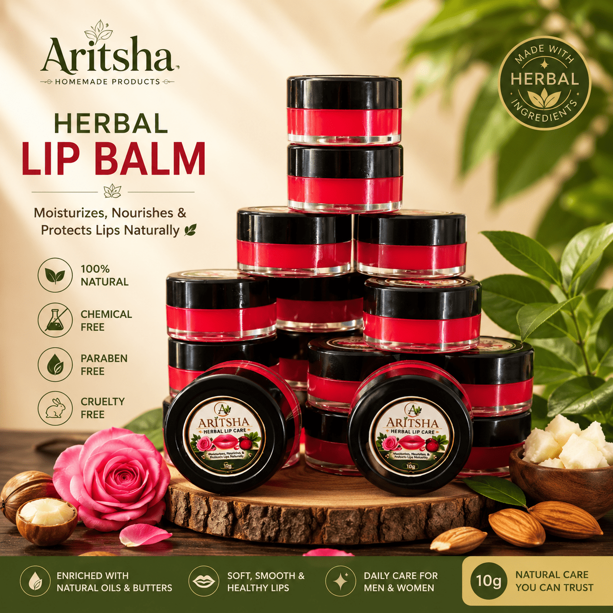 Aritsha Herbal Lip Care Lip Balm 10g Moisturizes Nourishes and Protects Lips Naturally