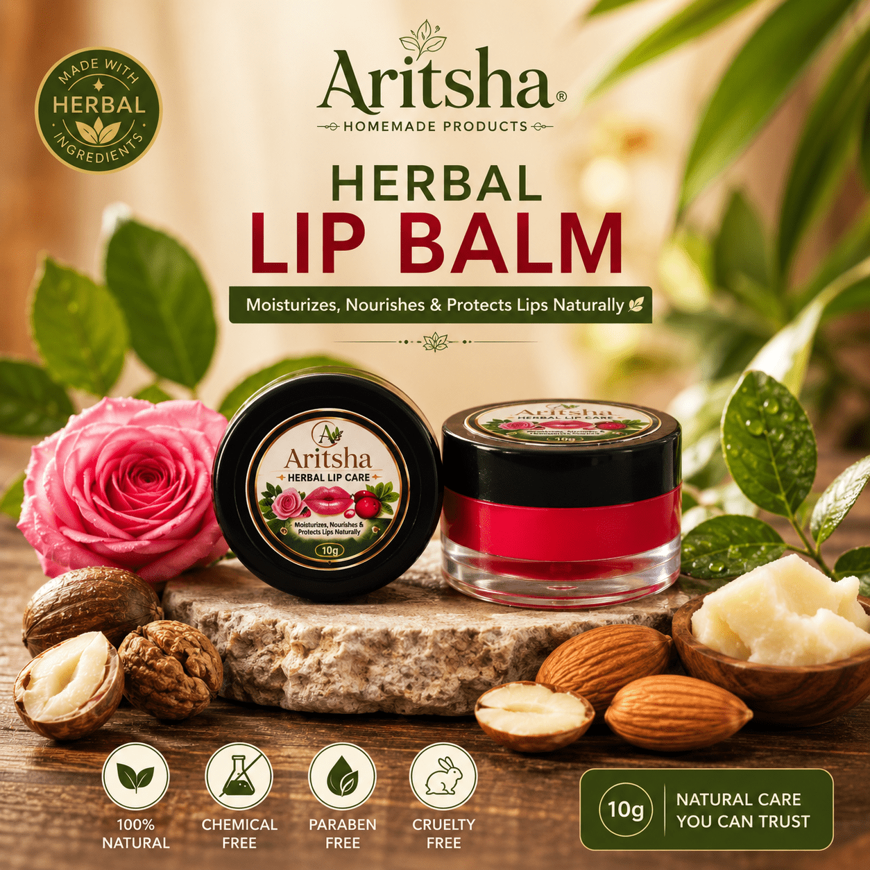 Aritsha Herbal Lip Care Natural Lip Balm 10g with Herbal Ingredients for Soft Healthy Lips